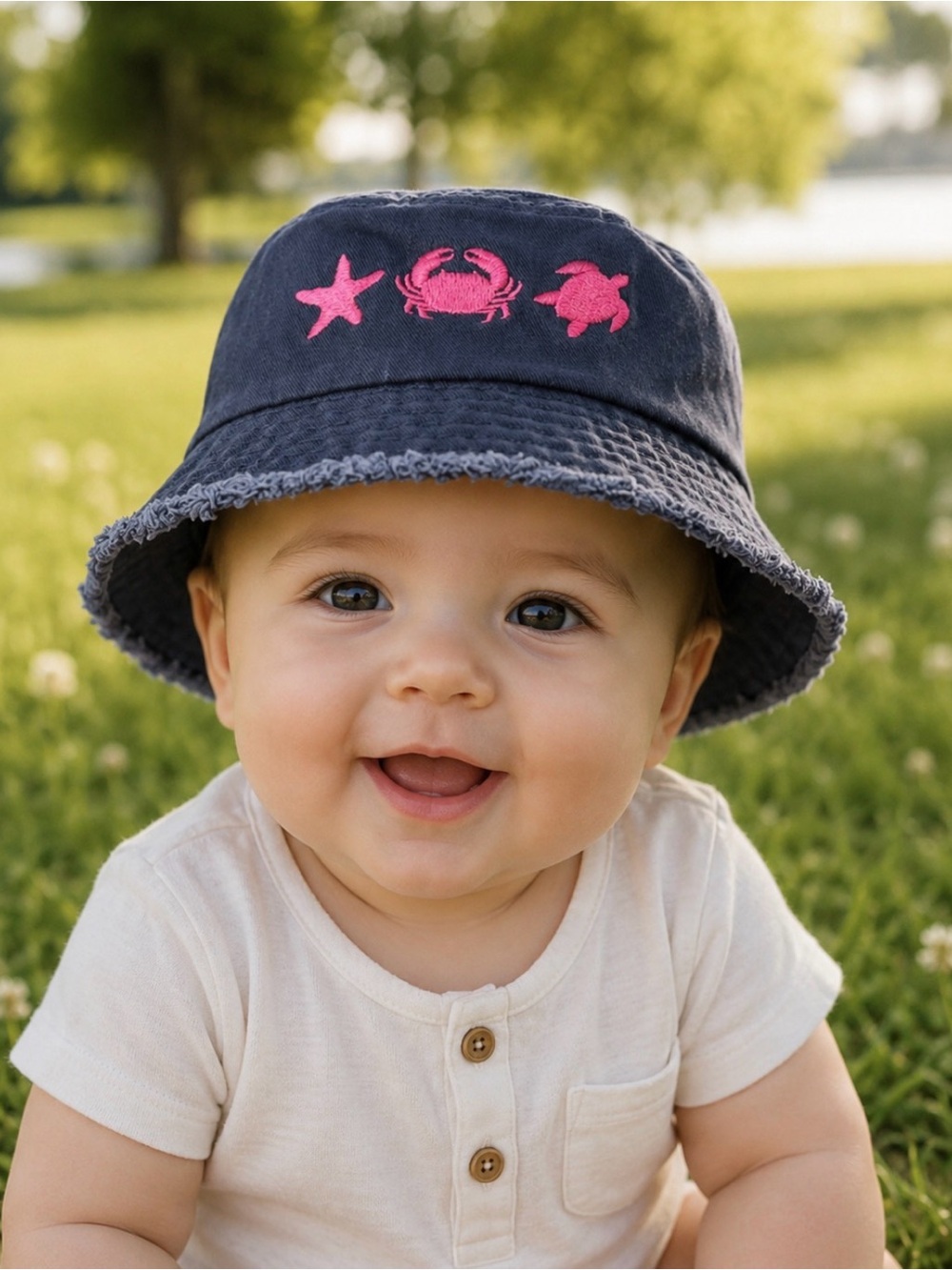 Panama Jack Infant Sea Angel Bucket Hat Denim Blue & Pink Star Crab Turtle
